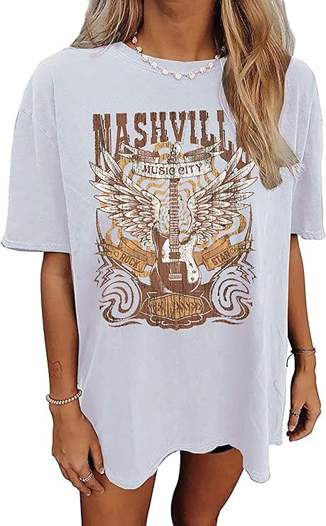 Nashville Music City T-Shirt Women Country Music Oversized Shirts Rock Band Tshirt Vintage Guitar... | Amazon (US)