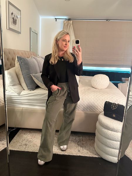 obsessed with these cargo pants! I’ve worn them nonstop since getting them. Very comfy, flattering. Waist is elastic with a drawstring and legs are cut baggy. 

Wanted to show you styled with a blazer,  could wear to work this way  

I went with my tts. Can dress up/down

Seamless bodysuit is my go-to. Similar to skims, but an amazon find. Very slimming. Also fits tts. 

Adidas sambas, so comfy! I got my tts

Fall outfit, causal style

#LTKworkwear #LTKstyletip #LTKsalealert