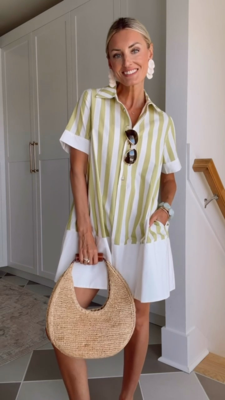 I am completely obsessed with this dress! The shade of green with the white stripes and color block hem is 😍 It’s also currently on sale for more than 30% off! 👏🏼 wearing XS 

Loverly grey, Anthropologie fashion finds, green stripe shirt dress, raffia bag, summer outfit inspo, beach outfit ideas

#LTKSeasonal #LTKSaleAlert