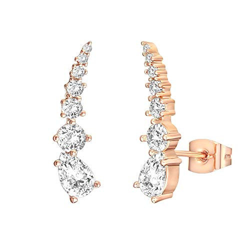 PAVOI 14K Gold Plated Sterling Silver Post Cubic Zirconia Ear Crawler Earrings - Faux Diamond Arrow Ear Climber Fashion Earrings in Rose Gold | Amazon (US)