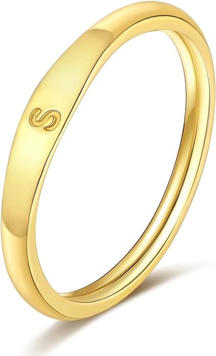 Initial Rings for Women 14K Gold Plated Cute Stackable Letter Ring for Teen Girls Dainty Thin Cap... | Amazon (US)