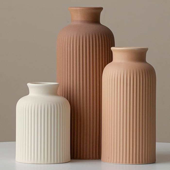 Large Modern Ceramic Vase Set, Coffee Ribbed Matte Design, 3-Piece Decorative Vases for Home, Liv... | Amazon (US)