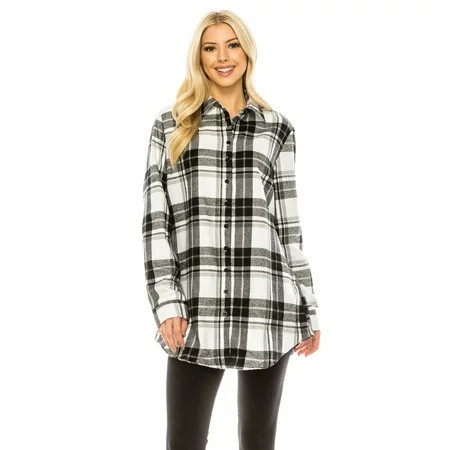 Haute Edition Women s Button Down Flannel Tunic Shirt Color: Black White Grid Size: 3X | Walmart (US)