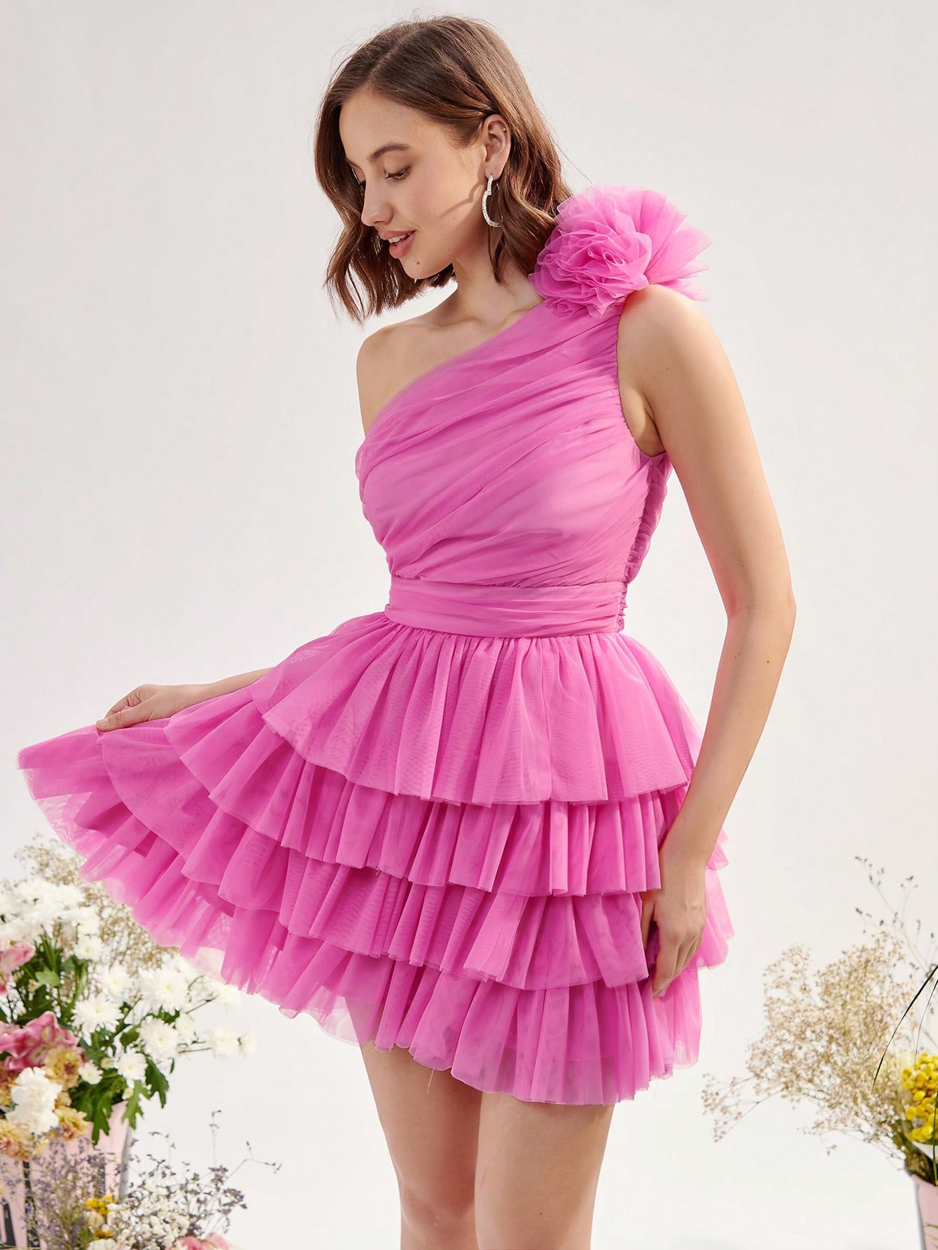 One Shoulder Ruched Ruffle Trim Mesh Overlay Dress | SHEIN