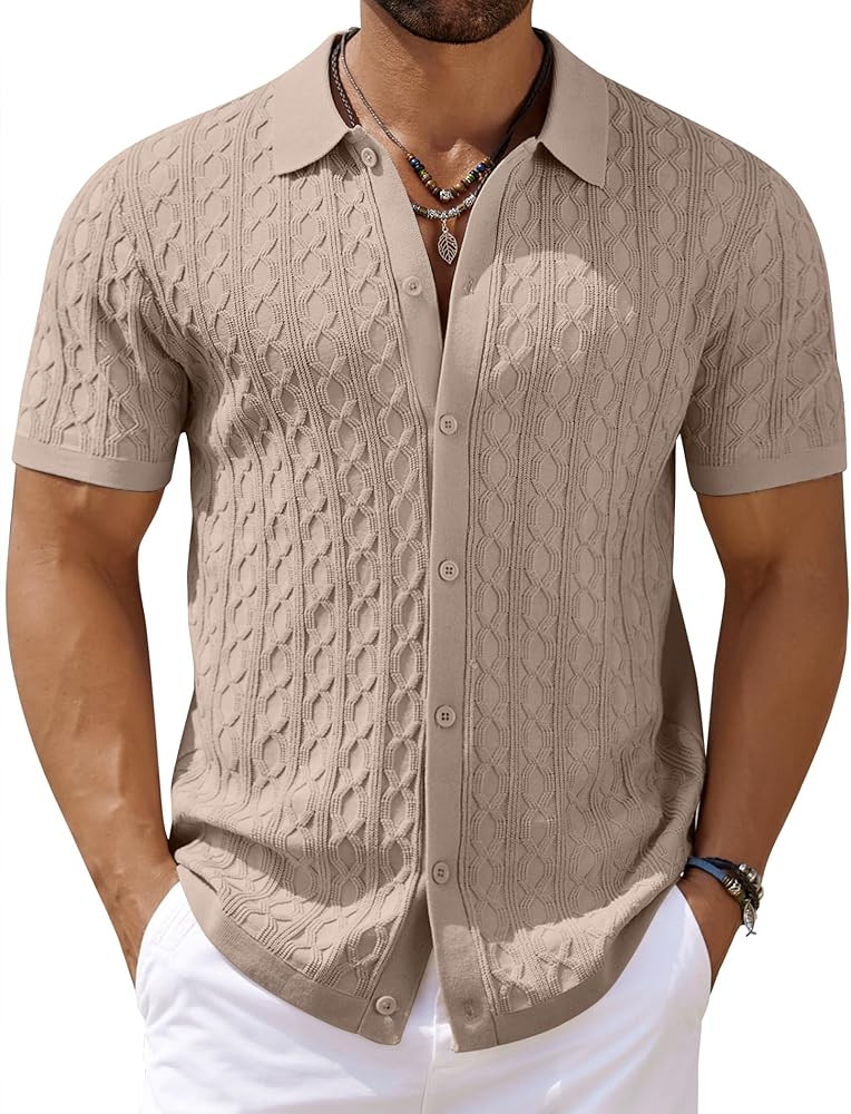 COOFANDY Men's Knit Short Sleeve Shirts Button Down Vintage Knitted Polo Shirt Casual Beach Croch... | Amazon (US)