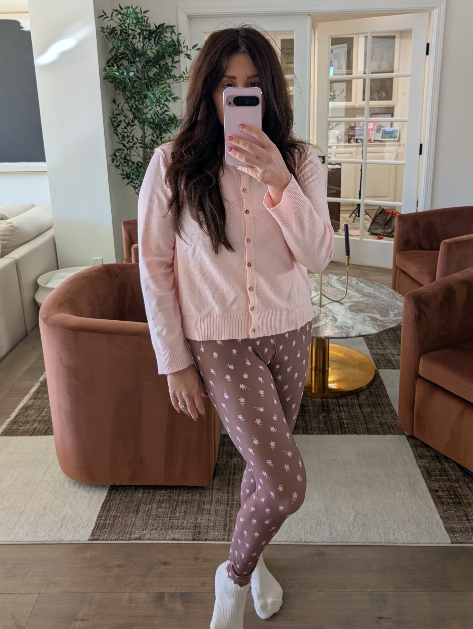Obsessed with my new floral workout set, I paired it with a sweet pink cardigan 