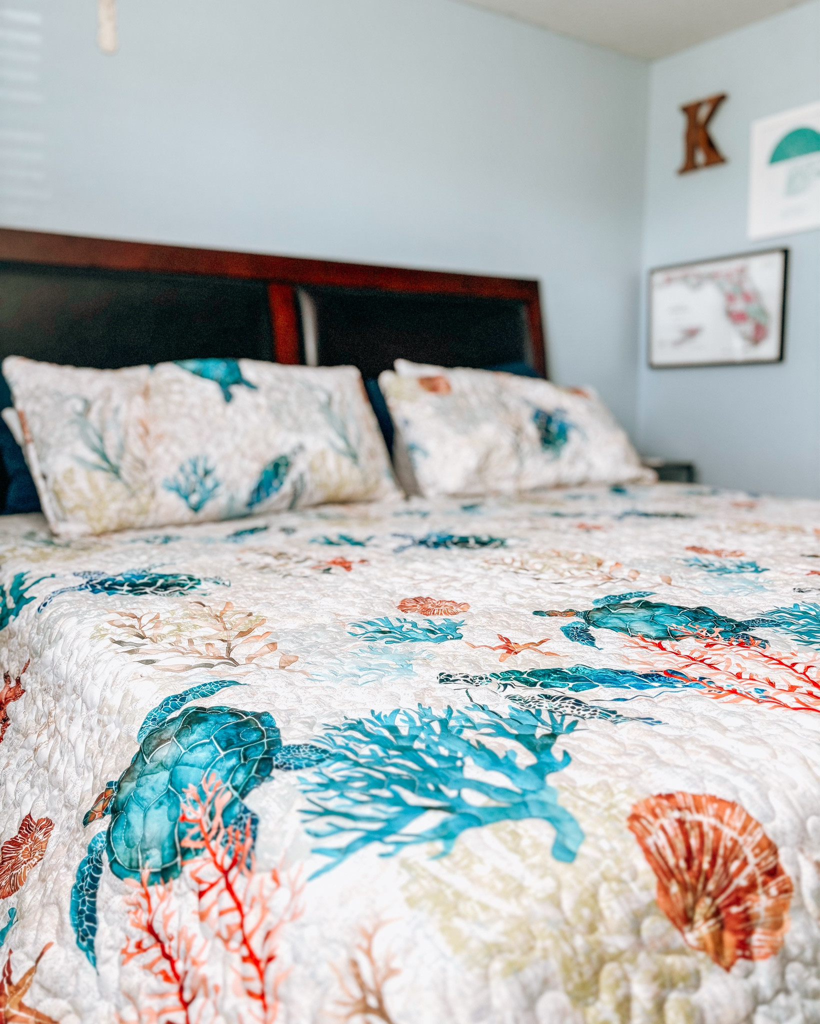 Transformed our bedroom into a coastal oasis 🐚🌊🤍 This quilt set is from Amazon, paired with our favorite sheets from Target! Our wall decor : Florida map + K are from local shops and our teal map is from Etsy, it’s a map of where we had our first date! 

#LTKSeasonal #LTKFindsUnder100 #LTKHome