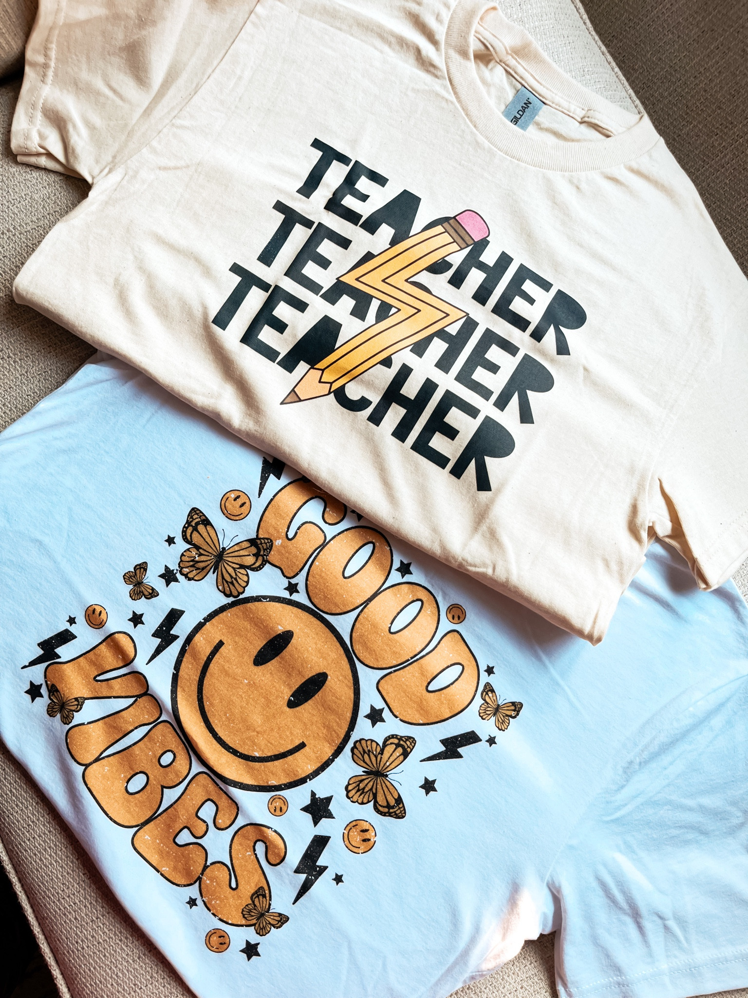 Teacher shirt color is tan and Good Vibes shirts is white! 

#LTKfit #LTKstyletip #LTKworkwear