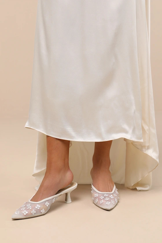 Clara Pearl True White Daisy Mesh Kitten Heel Mule Pumps | Lulus