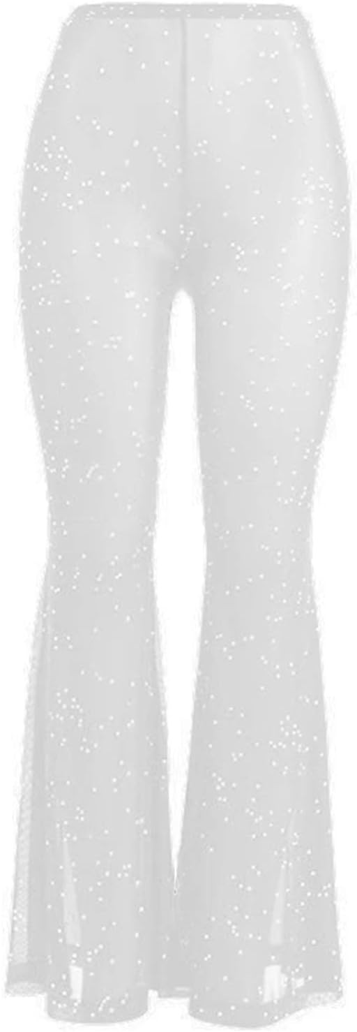 Women Rave Mesh Sheer Pants Flared Bell Bottom Pants for Dance Festival Clubwear | Amazon (US)