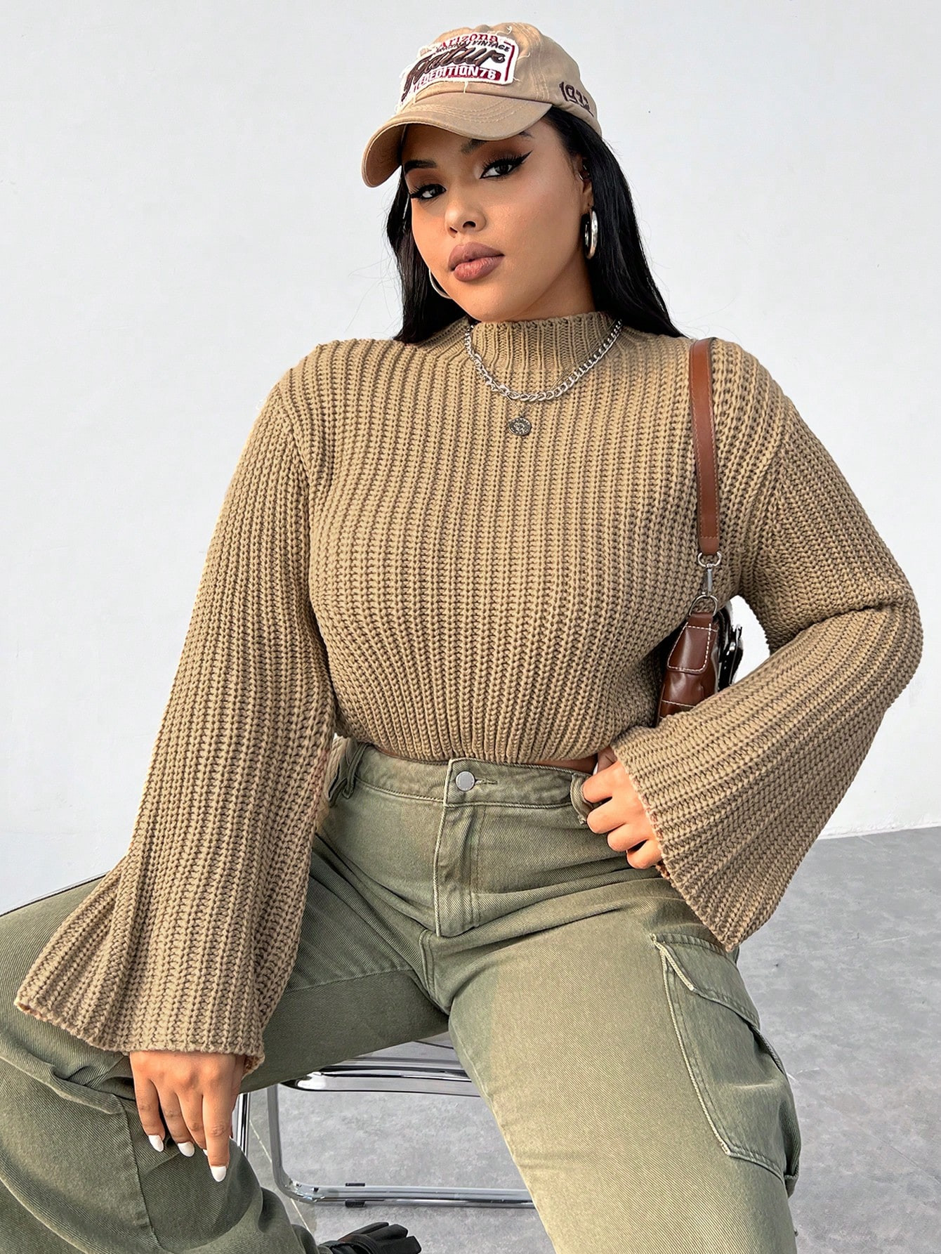 SHEIN EZwear Plus Mock Neck Trumpet Sleeve Sweater | SHEIN