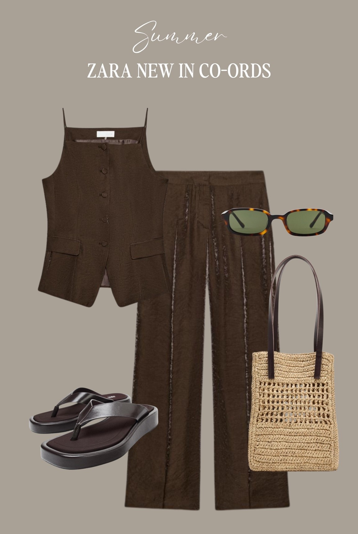 Zara New In Co-Ords

Chocolate Brown Co-Ord, Brown Waistcoat Top, Brown Wide Leg Trousers, Dark Brown Summer Set, Tortoiseshell Sunglasses, Black Platform Flip Flops, Woven Tote Bag, Relaxed Tailoring, Minimal Summer Outfit, Neutral Resort Wear, Elevated Casual Style.

#LTKsummer