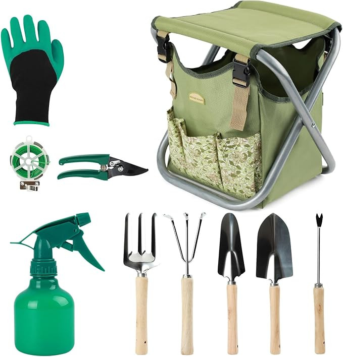 12 pcs Garden Tools Stool, Gardening Hand Tools Set with Folding Chair Seat and Garden Storage To... | Amazon (US)