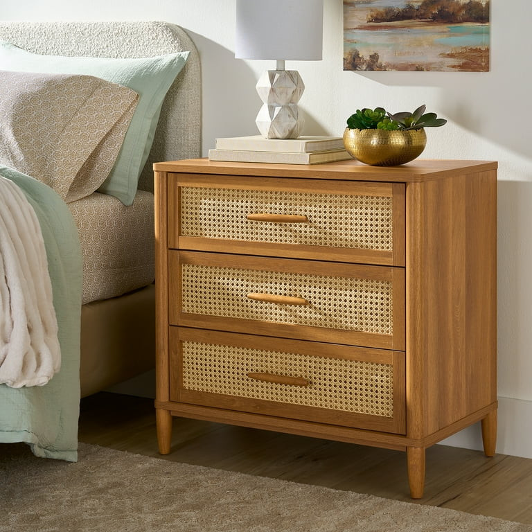 Better Homes & Gardens Springwood Caning 3-Drawer Nightstand with USB, Light Honey finish | Walmart (US)