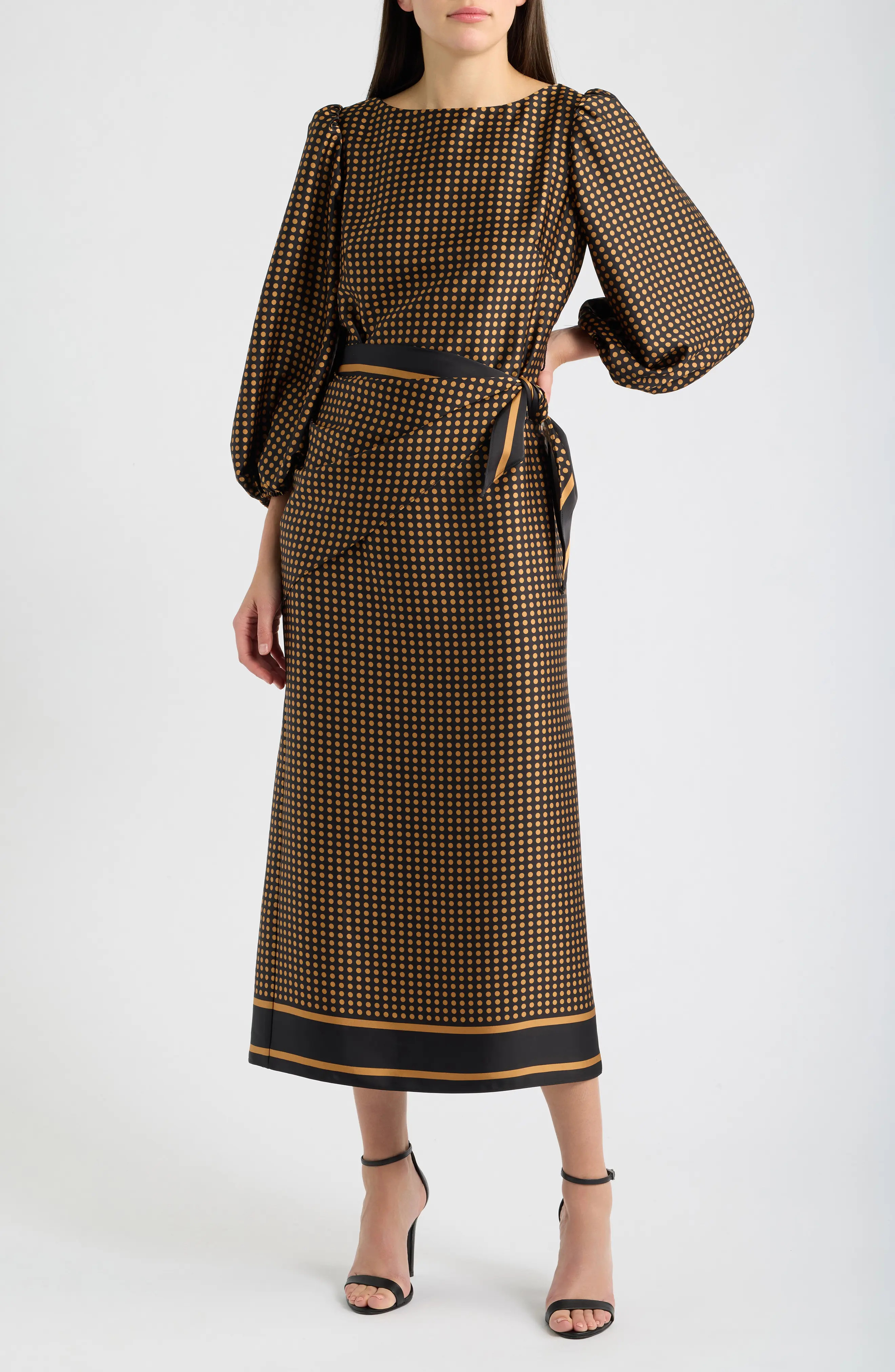 Eliza J Polka Dot Balloon Sleeve Maxi Dress in Black Cognac at Nordstrom, Size 16 | Nordstrom
