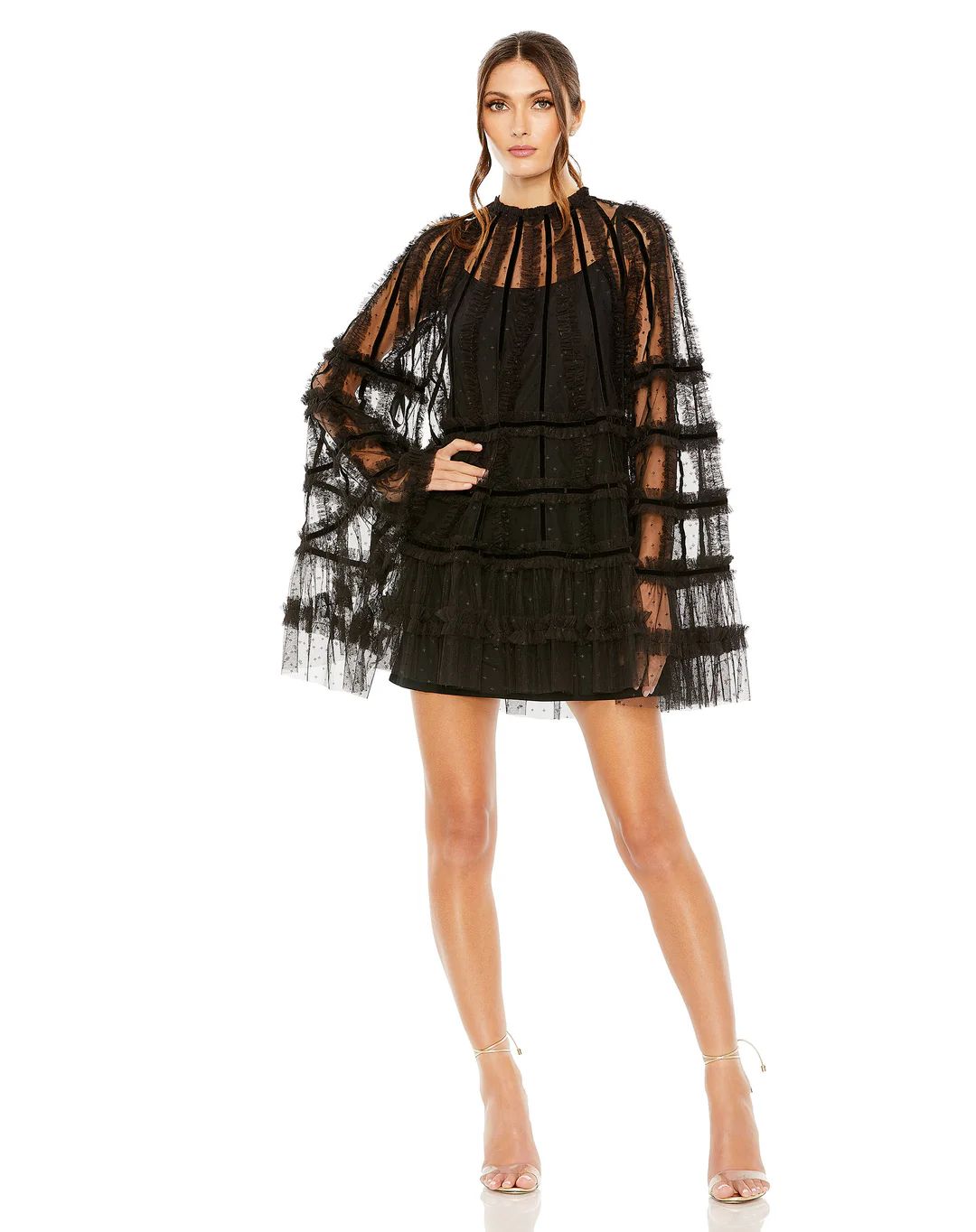 High Neck Ruffle Bell Sleeve Trapeze Dress | Mac Duggal