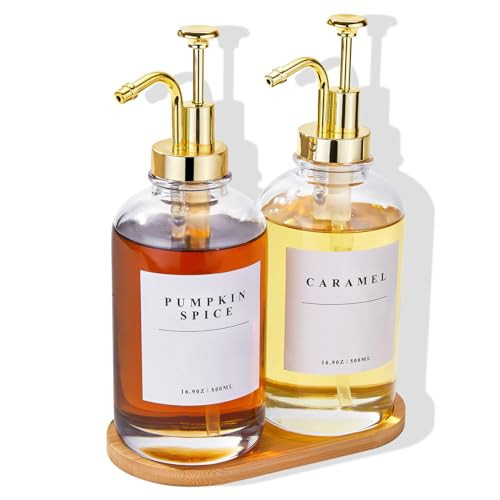 Coffee Syrup Dispenser for Coffee Bar, Coffee Syrup Pump Dispenser, Glass Syrup Bottle with Gold Upgraded Pump, 2 Pack 16.9 oz 500 ml Syrup Dispensers, 28 Labels and Bamboo Tray | Amazon (US)