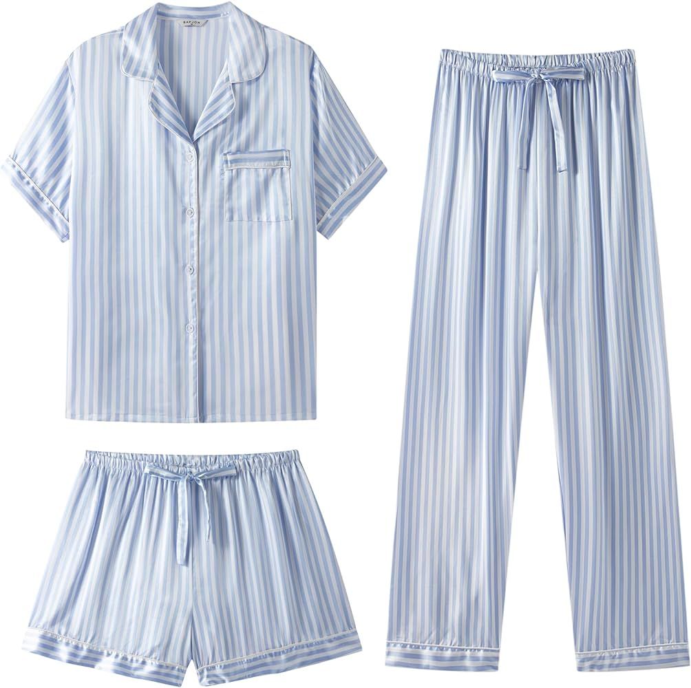 SAPJON Silk Pajamas for Women Set 3 Piece Satin Sleepwear Classic Button-Down Short Sleeve Pj Set... | Amazon (US)