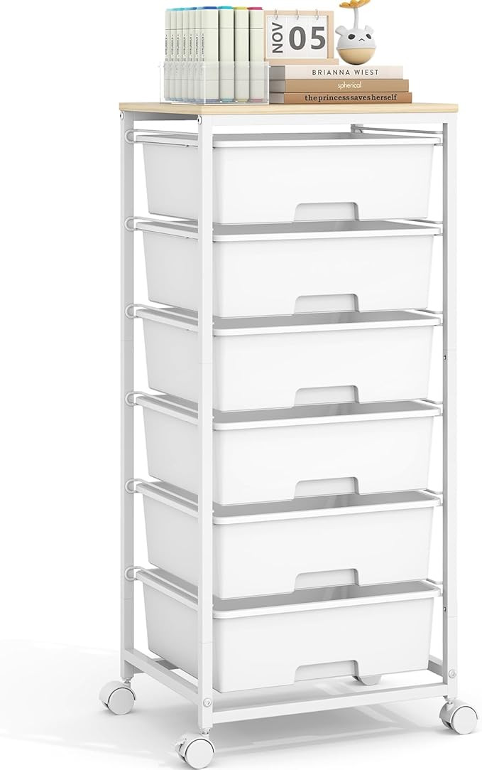 Rolling Storage Cart with 6 Drawers and Wooden Tabletop, Lockable Wheels Utility Cart for Art Stu... | Amazon (US)