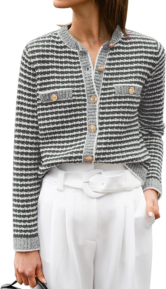 ANRABESS Women's Striped Cardigan Sweaters Casual Long Sleeve Open Front Button Down Knit Cropped... | Amazon (US)