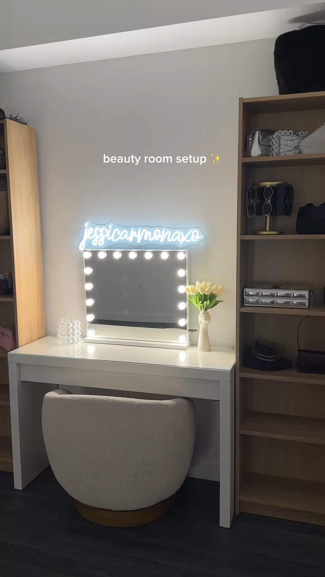Desk and shelves are from ikea; malm dressing table and billy bookcase 