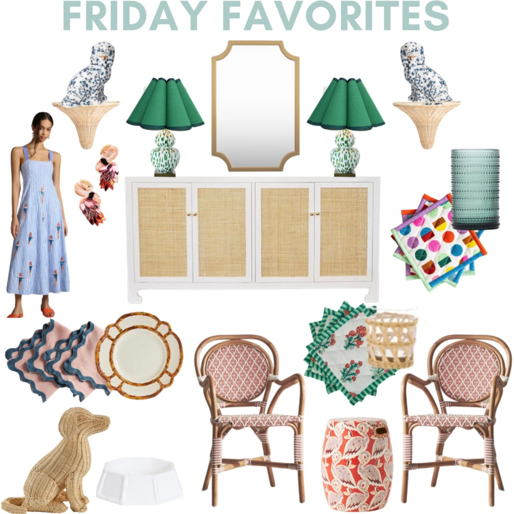 Rattan console credenza // green lamps // lampshade // rattan wall bracket // wicker wall shelf // blue Stsffordshire dog // gold scallop mirror // summer dress // flamingo // earrings // scallop napkins // melamine bamboo plates // dog bowl // faux bamboo // pink French bistro chair // garden stool // coasters // block print // Furbish Studio // rattan wrapped lowball glass // hobnail drinking glass // colored glass // coastal // grandmillennial // preppy 

#LTKsalealert #LTKFind #LTKhome