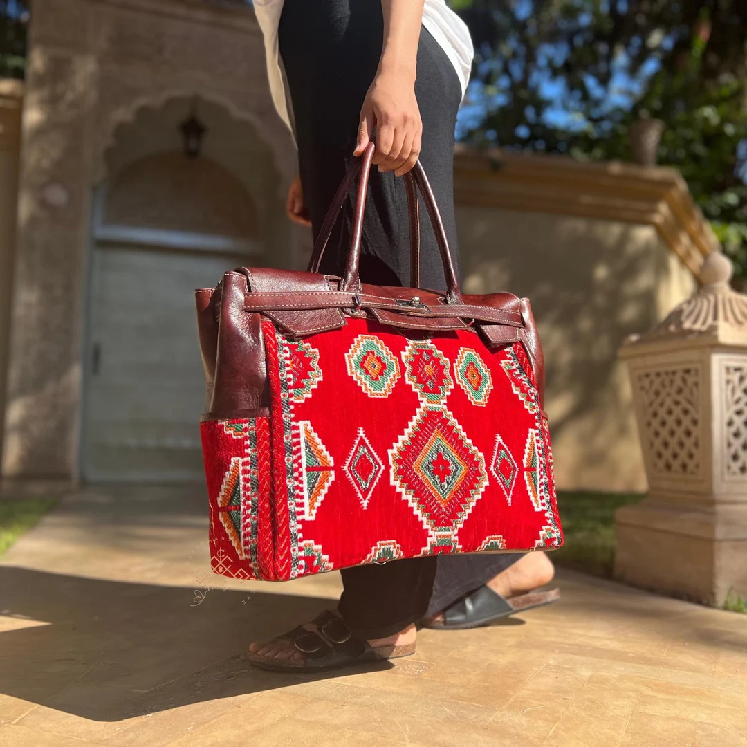 Personalized Red Kilim Bag | Red Carpet Shoulder Bag | Dark Brown Leather Carpet Bag | Stylish Le... | Etsy (US)