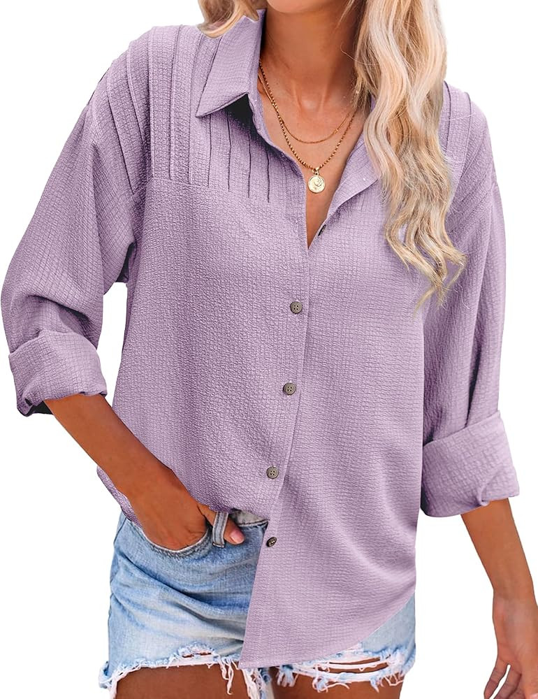 HOTOUCH Button Down Shirts for Women Casual Pleated Long Sleeve Shirt Textured Loose Fit Collared... | Amazon (US)