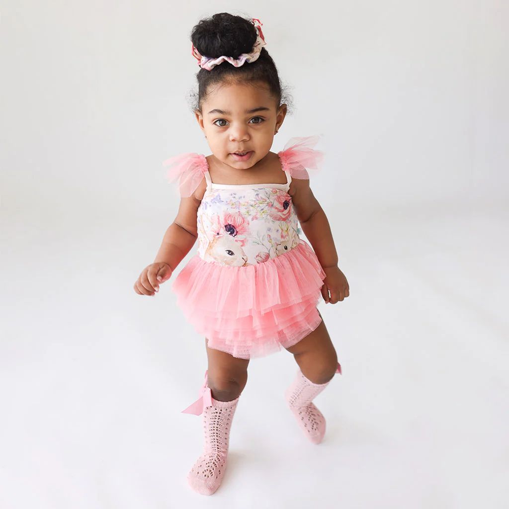 Bunny Floral Pink Spaghetti Strap Baby Tulle Bodysuit | Everly Rose | Posh Peanut