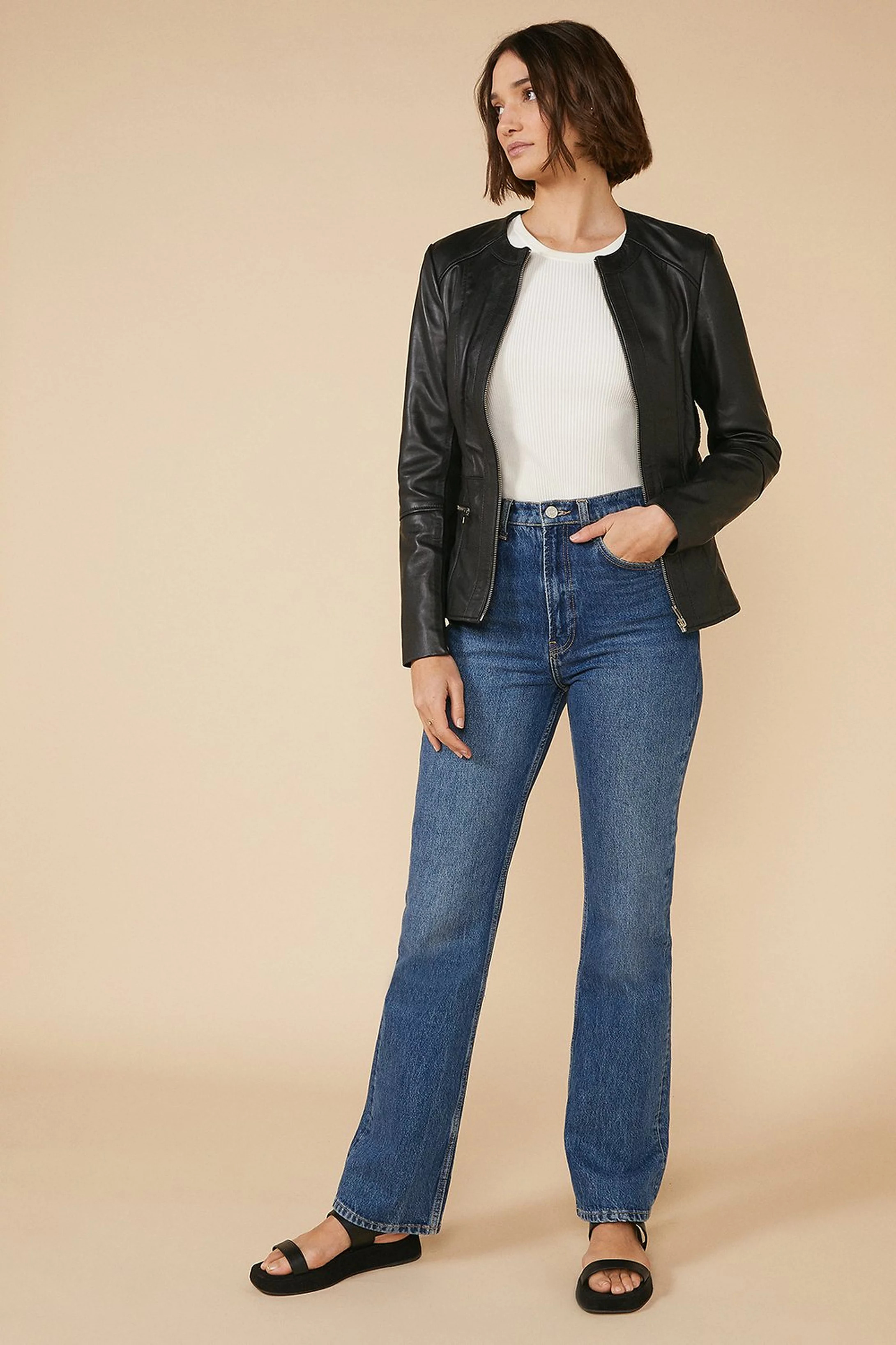 Collarless Leather Jacket | Oasis UK & IE 