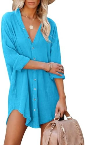 Paintcolors Women's Long Sleeve Button Down Tunic Dresses Beach Cover-ups Oversized Blouse Tops w... | Amazon (US)