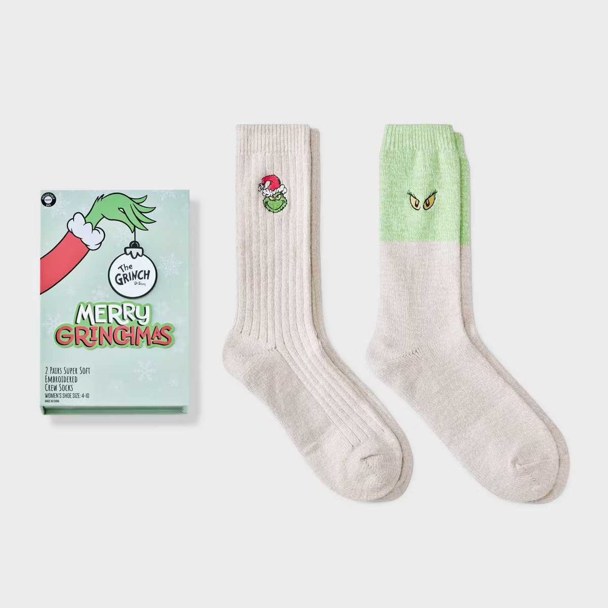 Women's 2pk The Grinch Pop-Up Storybook Supersoft Embroidered Crew Socks - Ivory/Green 4-10 | Target