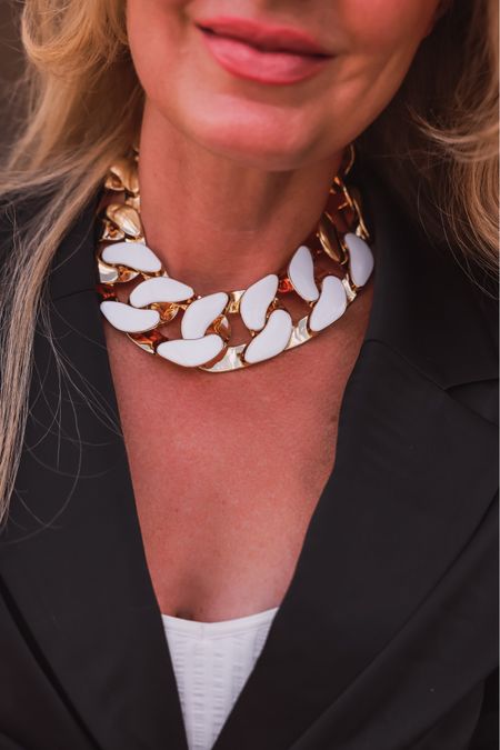 This statement necklace by Open Edit will  take your outfit to the next level. It’s reversible too! I’m wearing it on the white/gold side but it also reverses to all gold. And…it’s $40!

~Erin xo

#LTKunder50 #LTKHoliday #LTKstyletip