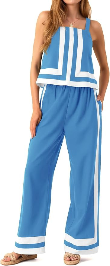Tankaneo Womens 2 Piece Lounge Set Summer Casual Color Block Cami Top Wide Leg Pants Set Beach Va... | Amazon (US)