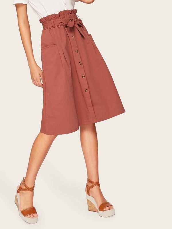 Button Front Dual Pocket Belted Paperbag Skirt | SHEIN