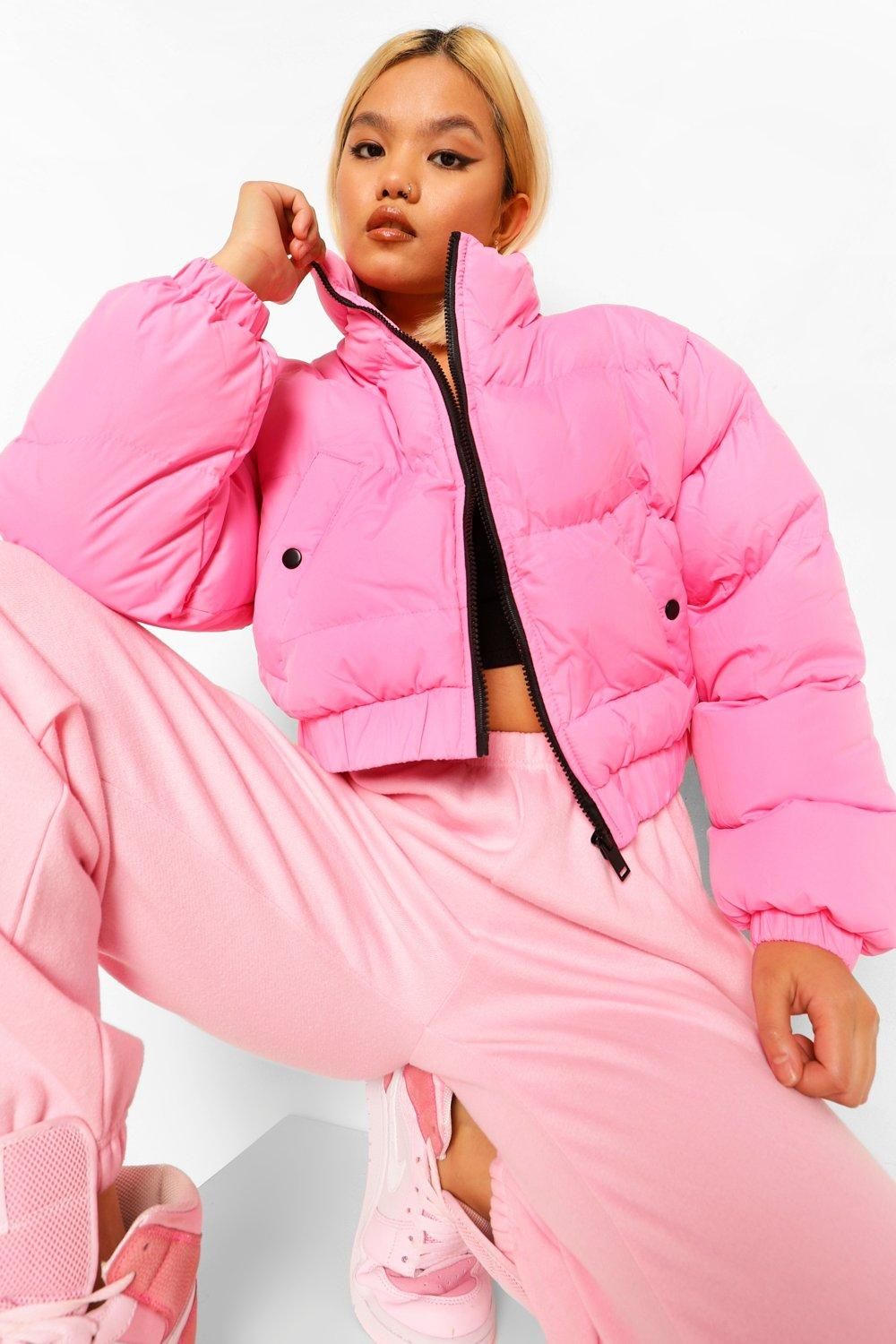 Womens Petite High Neck Crop Puffer Jacket - Pink - 10 | Boohoo.com (US & CA)