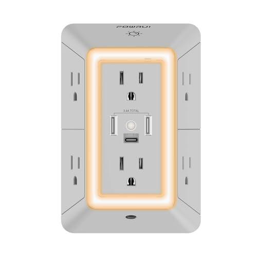 Outlet Extender Power Strip, POWRUI 6 AC Surge Protector Outlets with 3 USB Ports (1 USB C) and Night Light, 3-Sided Multi Plug Wall Outlet with Spaced Outlets - Grey, ETL Listed | Amazon (US)