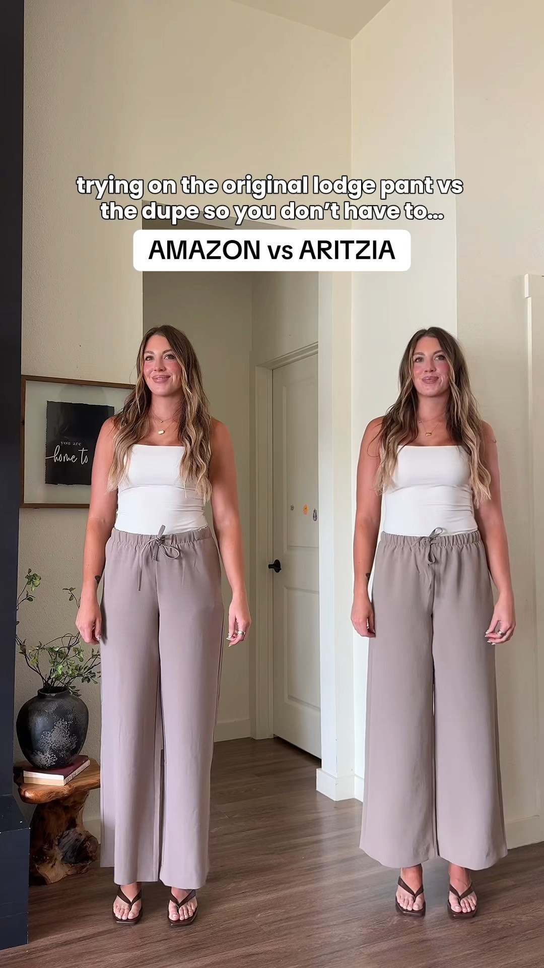 The pants on the left are from Amazon and the pants on the right are the Aritzia! I’m 510 wearing a medium 33” inseam in the Amazon ones & medium regular in the Aritzia lodge pants!