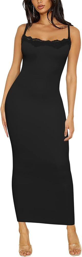 Women's Lace Long Slip Dress Sexy Sleeveless Spaghetti Strap Bodycon Maxi Dresses | Amazon (US)