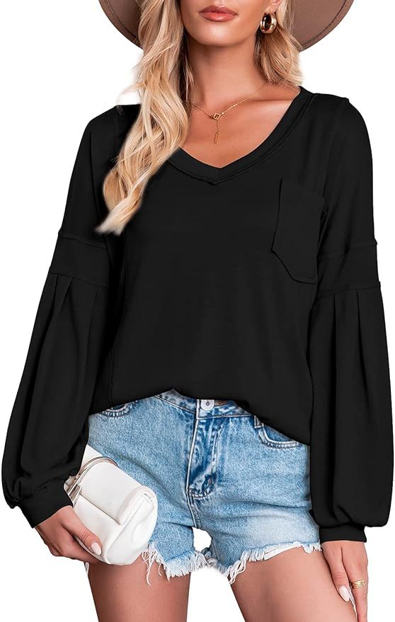 Phortric Womens Lantern Sleeve Shirt Deep V Neck Off Shoulder Casual Oversized Blouse Knit Tops w... | Amazon (US)