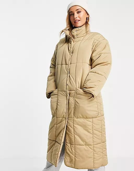 ASOS DESIGN quilted longline puffer coat in camel | ASOS (Global)