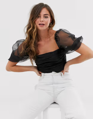 Skylar Rose shirred crop top with sheer balloon sleeves | ASOS US
