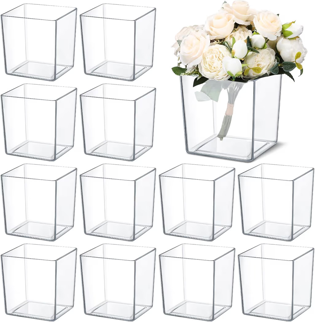 Tioncy 12 Pcs Clear Square Vase 5'' x 5'' Acrylic Flower Plastic Vases for Centerpieces Acrylic C... | Amazon (US)