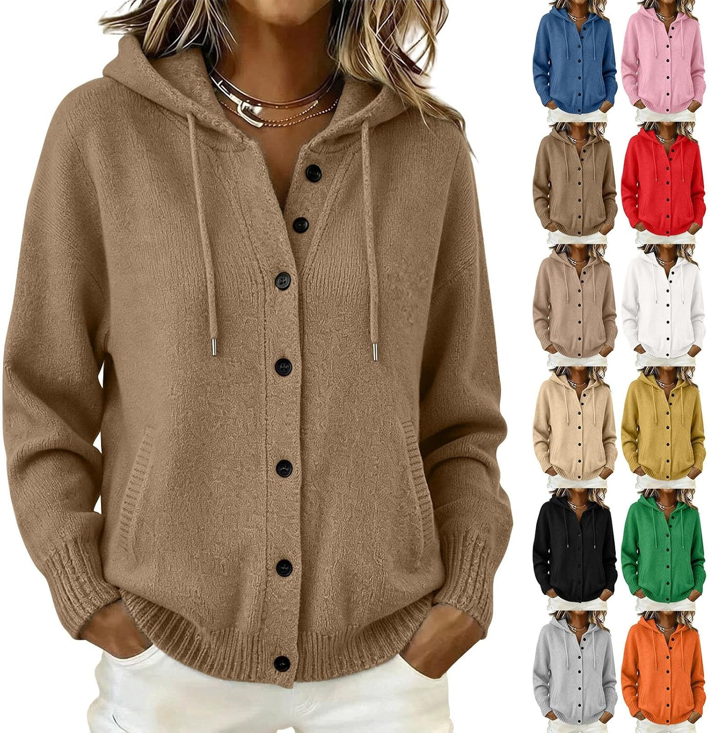 Cashmere Hooded Cardigan Sweater for Women Cozy Fall V Neck Knit Sweaters | Amazon (US)