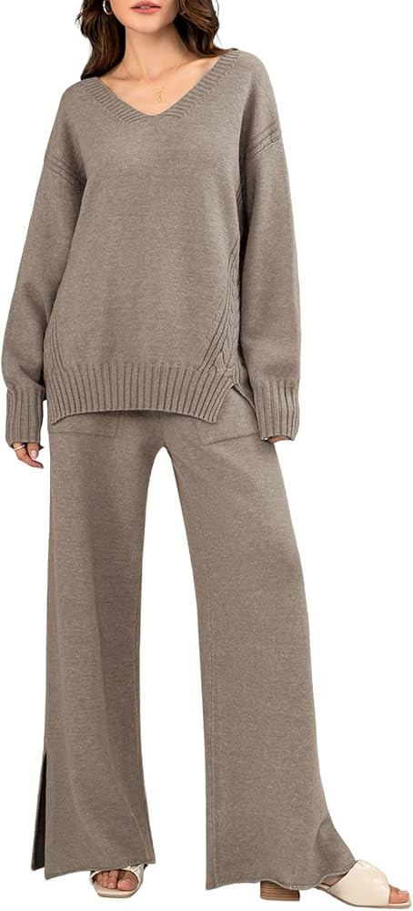Meetjen Women's 2 Piece Outfits Sweater Sets Long Sleeve Knit Pullover and Wide Leg Pants Matchin... | Amazon (US)