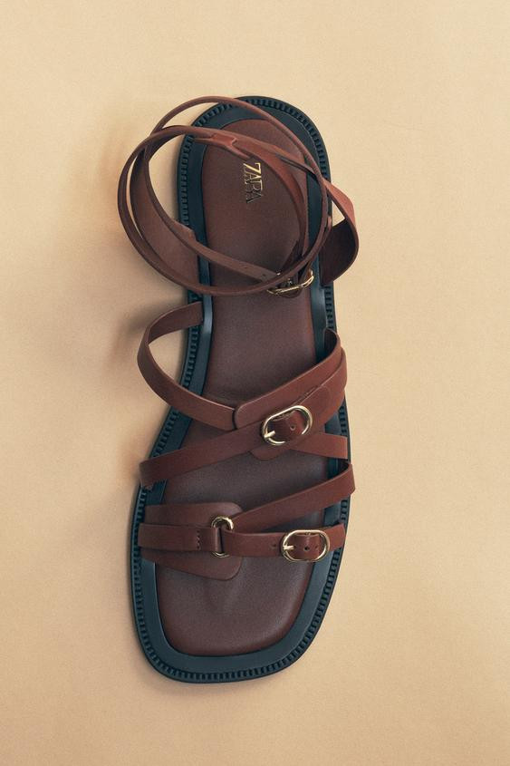 FLAT LEATHER STRAP SANDALS | Zara US