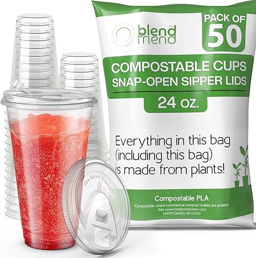 [24oz, 50 pack] Compostable Cups with Lids – Made from Plants- Cups with strawless snap-open si... | Amazon (US)