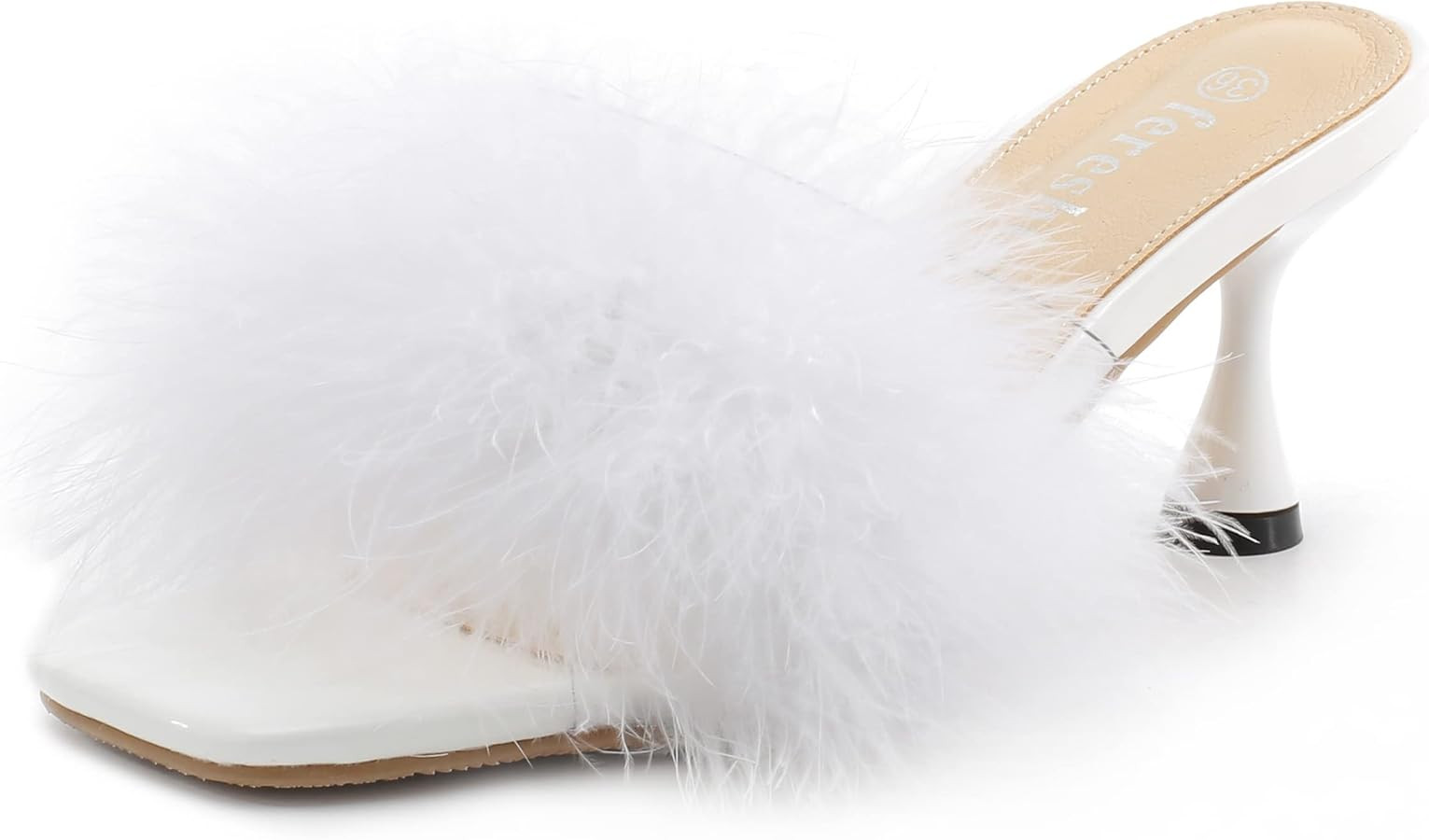 Women's Feather Heels Sandals Fluffy Fur Clear Strap Slip On Square Toe Kitten Mules | Amazon (US)