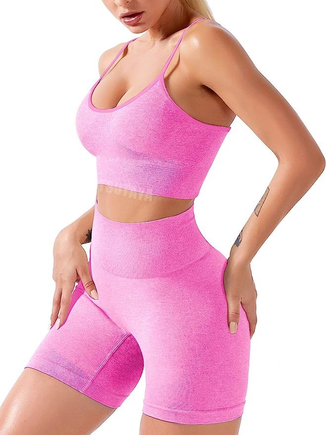 TSUTAYA Women's Seamless Workout Set 2 Piece Yoga Outfits Active Shorts Sexy Sports Bra | Amazon (US)