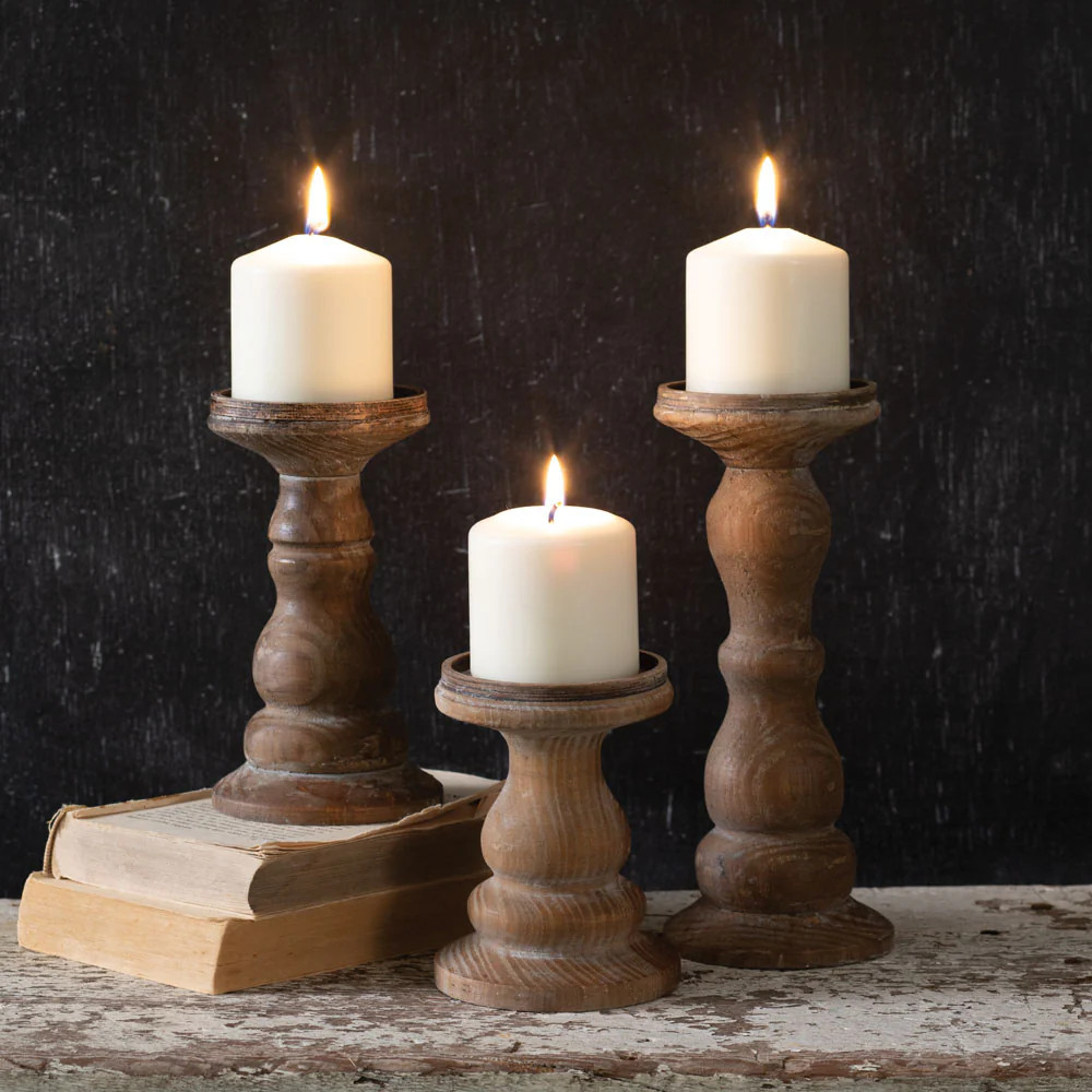 Set of Three Wooden Pillar Candle Holders | River Chic Designs